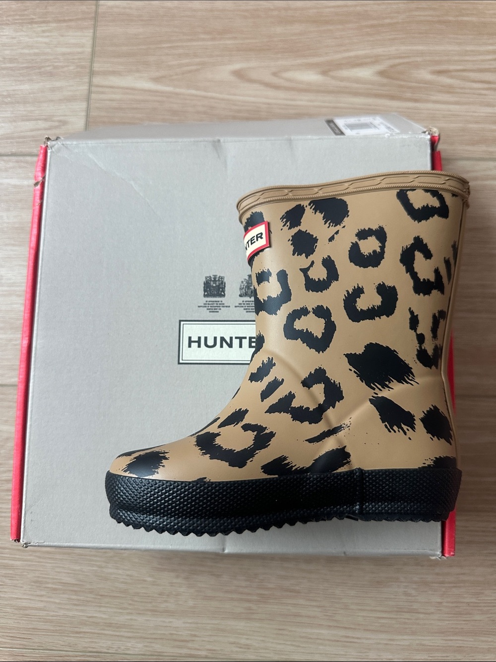 Hunter Kids Leopard-Print Rain Boot in Tan and Black